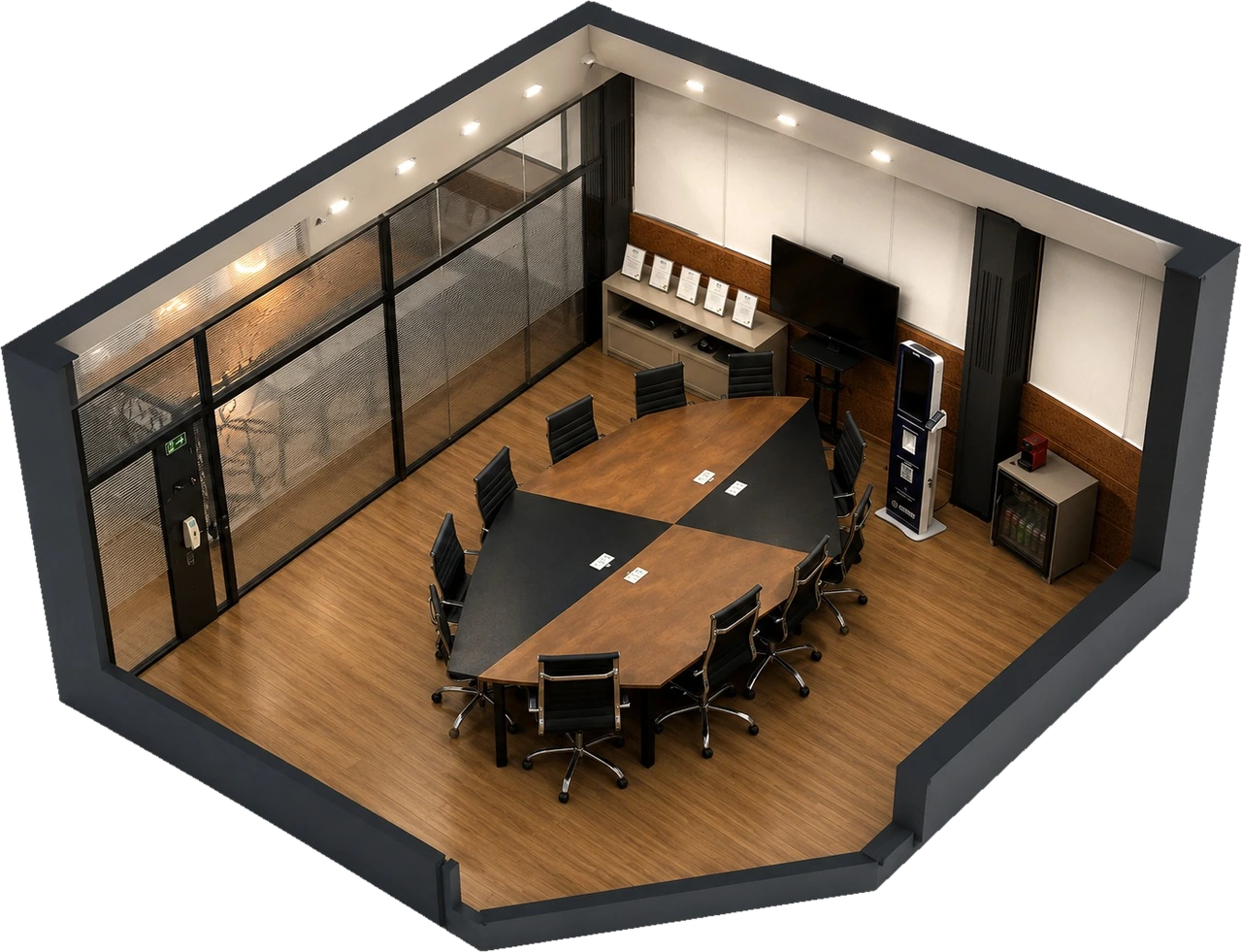 Planta 3D da Sala Aquarius vista de cima: mesa de reuniao central com dez cadeiras, TV na parede, copa com cafeteira e frigobar, e parede de vidro para o corredor.